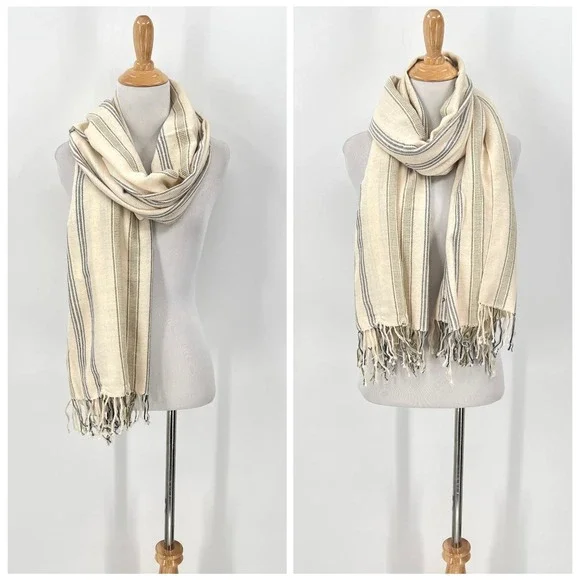 ESCUDO 100% Pima Cotton Handmade in Peru Scarf Cream Blue Stripe Fringe - Picture 1 of 14